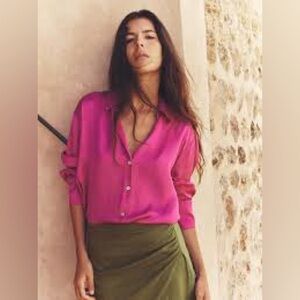 Zara Vibrant Pink / Magenta Satin Button Down Blouse